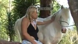 Симпатичная блондинка с длинными ногами устроила порно с конем в лесу